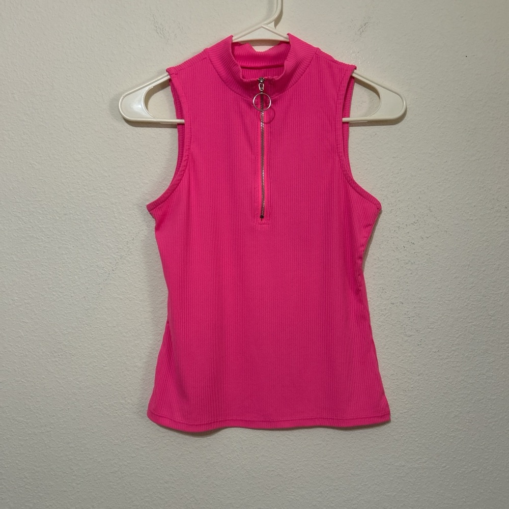 No Boundaries Hot Pink Ribbed Sleeveless Quarter-Zip Mock Neck Tank Top - Picture 4 of 7
